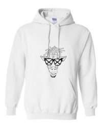 a white hoodie with an image of a giraffe wearing glasses
