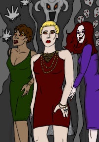 a drawing of a group of women standing in front of a demon