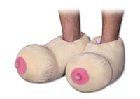 a man wearing a pair of slippers with breasts on them