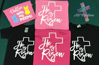 four t - shirts with the words he is risen