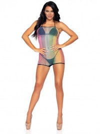 a sexy woman in a rainbow colored romper