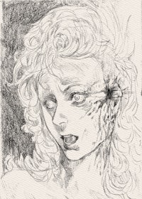 a drawing of a woman with blood on her face