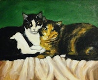 a painting of two cats laying on a blanket