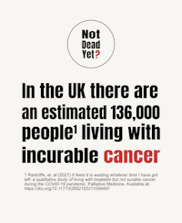 a poster that says not dead in the uk there are estimated 135 million people living with incapacitating cancer