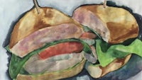 a watercolor painting of a sandwich with lettuce and tomatoes