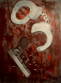a painting of handcuffs and a gun
