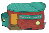 a cartoon house with the words customer service on it
