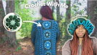 a woman wearing a crocheted hat with the words crochet with me