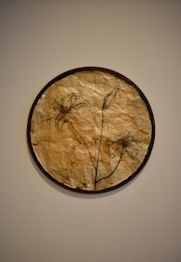 a black and white drawing of a flower hanging on a wall