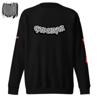 a black sweatshirt with a red logo on it