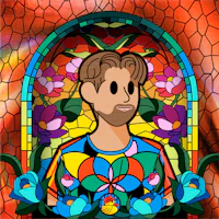 a stained glass image of a man in front of flowers