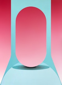 an abstract painting with a blue and pink background