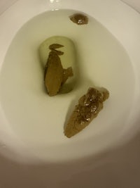 a toilet with a brown substance in it