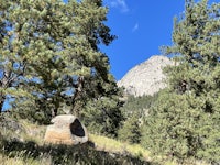 a rock sits in a grassy area near a mountain
