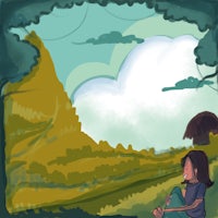 a girl is sitting on the ground in a field