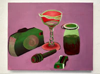 a painting of a camera, glasses, and a bottle of wine