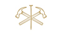 a gold logo with two hammers and a chisel
