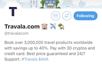 a twitter account with the words travala com