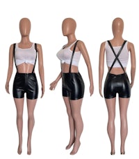 three mannequins wearing black leather shorts and suspenders