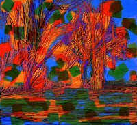 a painting of trees in an orange and blue color