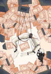 an illustration of a woman hanging from a string of money