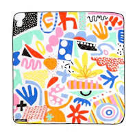 a square dish towel with colorful designs on it