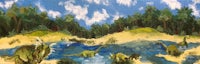 a painting of a river with dinosaurs in it