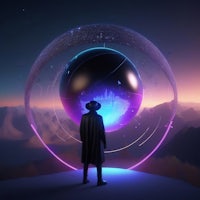 a man standing in front of a glowing sphere