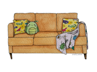 an illustration of a couch with a teddy bear on it