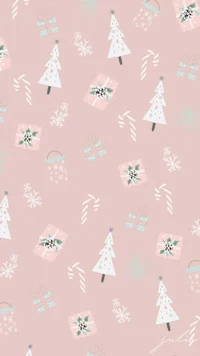 a pink christmas pattern with christmas trees and candy canes