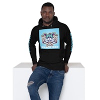 a man wearing a black hoodie with a colorful design on it