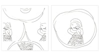 two drawings of a woman holding an apple