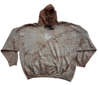 a brown tie dye hoodie with a white logo on it