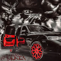 a black car with red rims and a door open