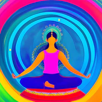 a woman is meditating on a colorful background