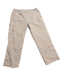 a pair of grey cargo pants on a black background
