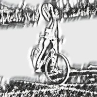 a black and white drawing of a person riding a bicycle