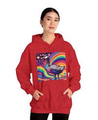 a woman wearing a red hoodie with a rainbow on it