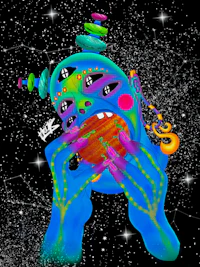 an image of a person eating a pizza in space