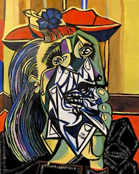 a painting of a woman with a red hat