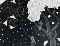 a black and white painting of a tree with leaves