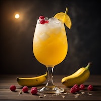 an orange drink with raspberries and bananas on a wooden table