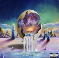 a painting of an egg with a waterfall in the background