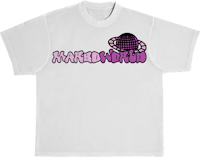 a white t - shirt with a purple logo on it