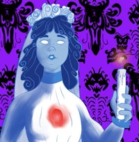 a bride in a blue dress holding a candle