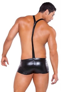 the back of a man in black leather shorts
