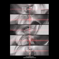 a black and white image of a woman's face with red eyes