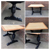 four pictures of a black table with wooden legs