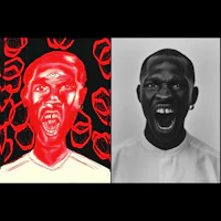 two black and white drawings of a man with a red face