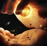 a hand holding a sun and planets in the background